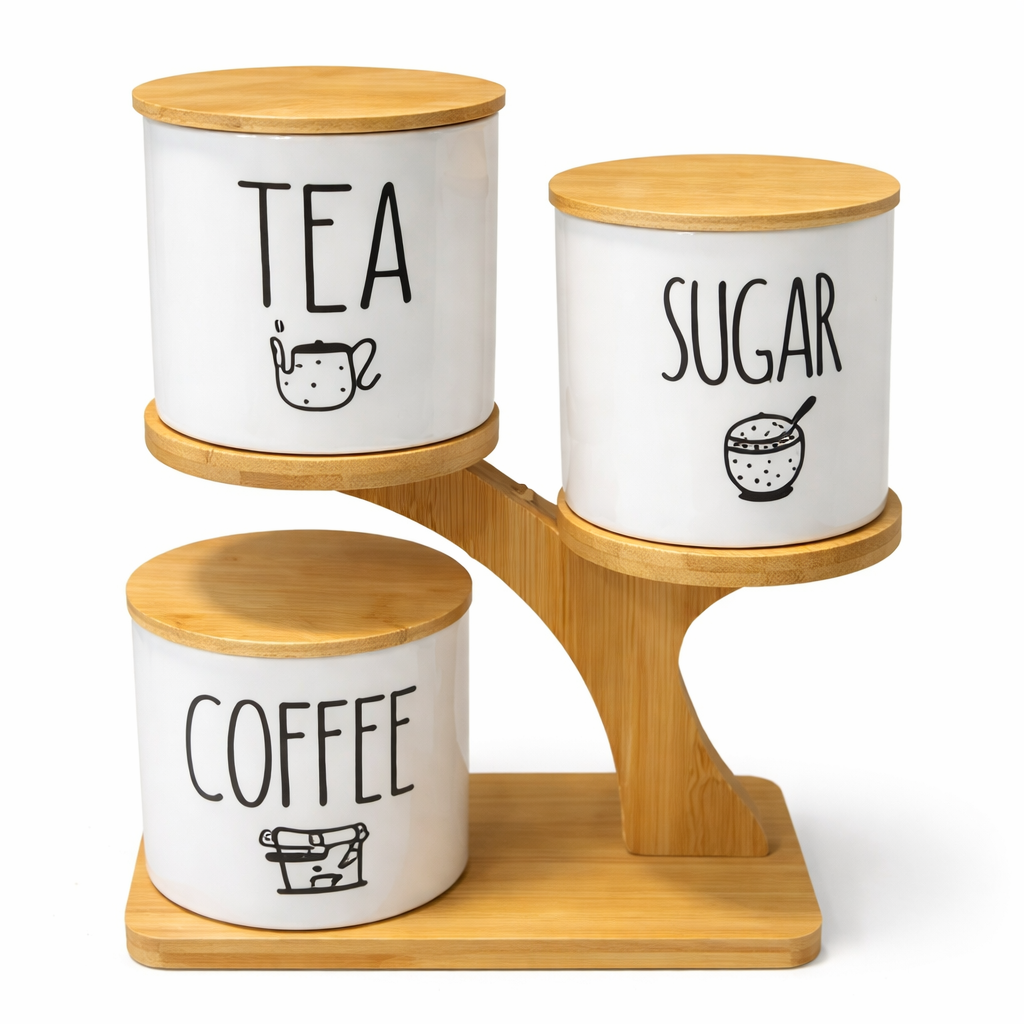 Tea Coffee Sugar White Porcelain Jars Set 3-Pieces