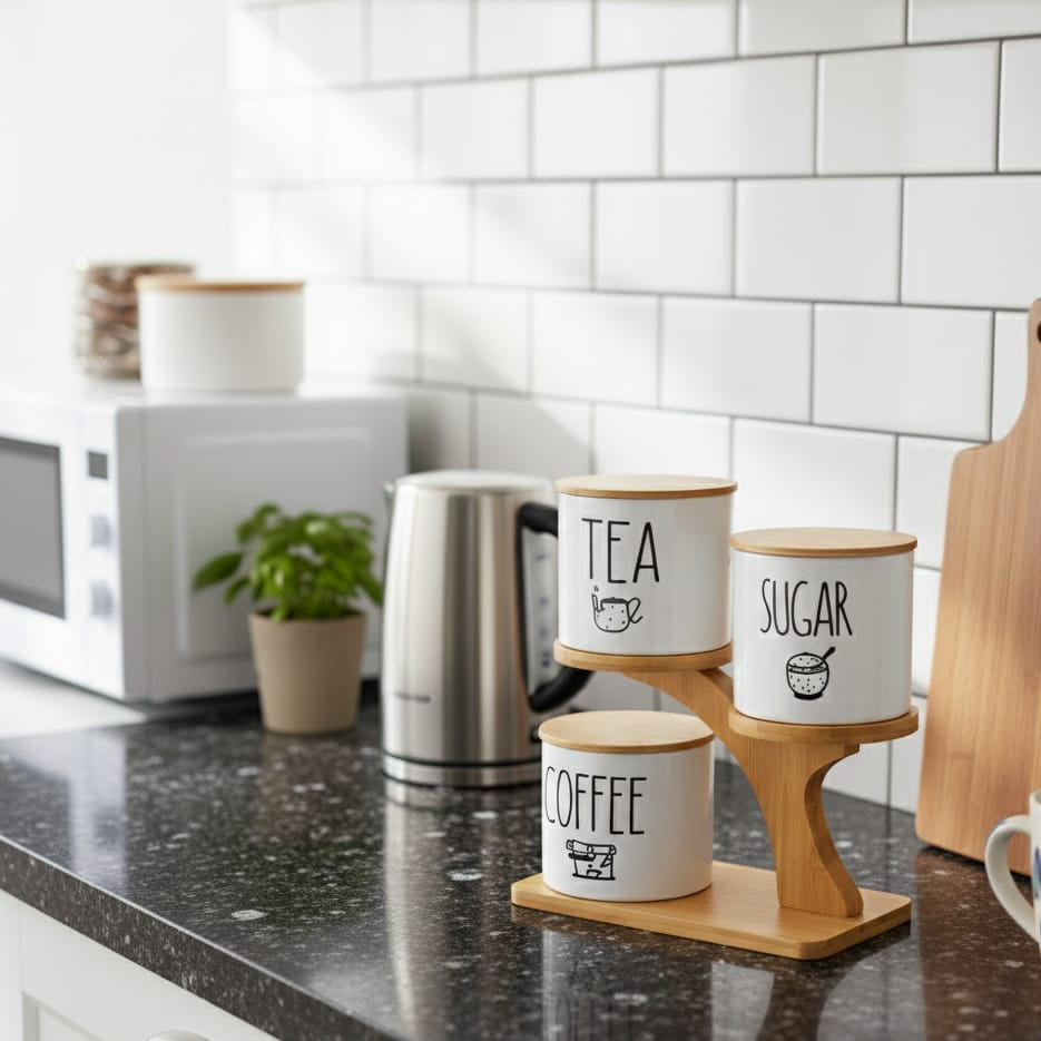 طقم برطمانات بورسلين أبيض للسكر والقهوة والشاي