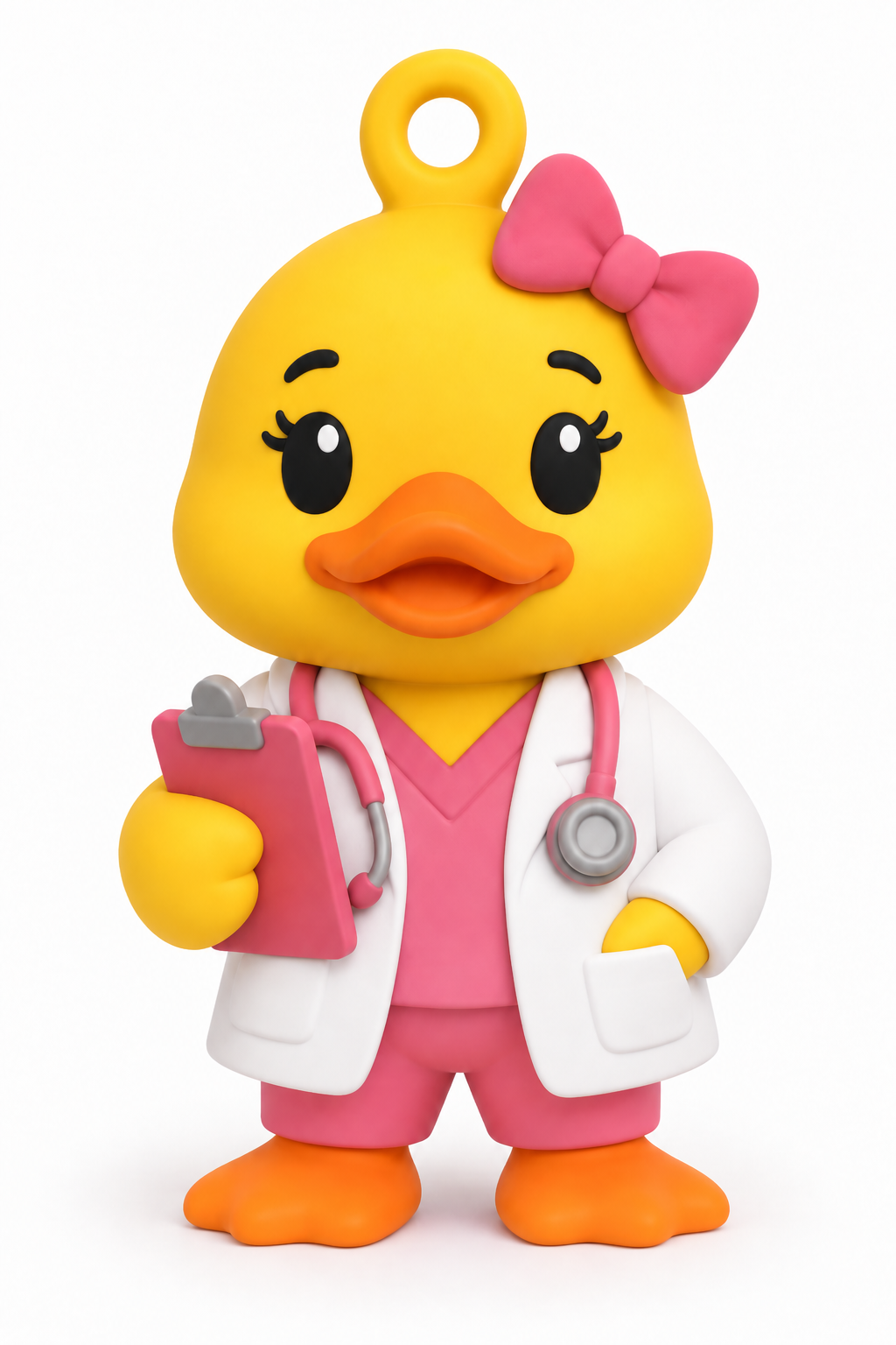 Female Doctor Duck toy wearing a doctor coat with a bow