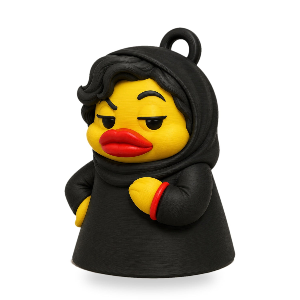 Lady Duck – duck with black headscarf and abaya, red lips and red bangle