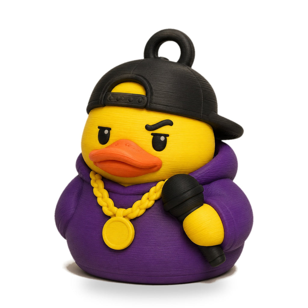 Rap Duck – 3D printed duck with backwards cap, gold chain and mic on white background